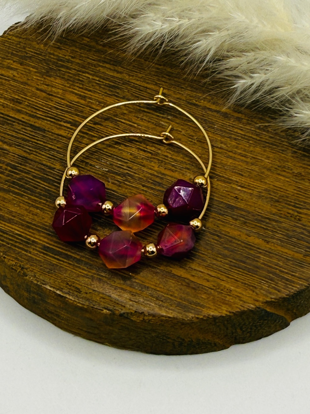 Gold Hoop Earrings with Purple & Fuchsia Faceted Beads
